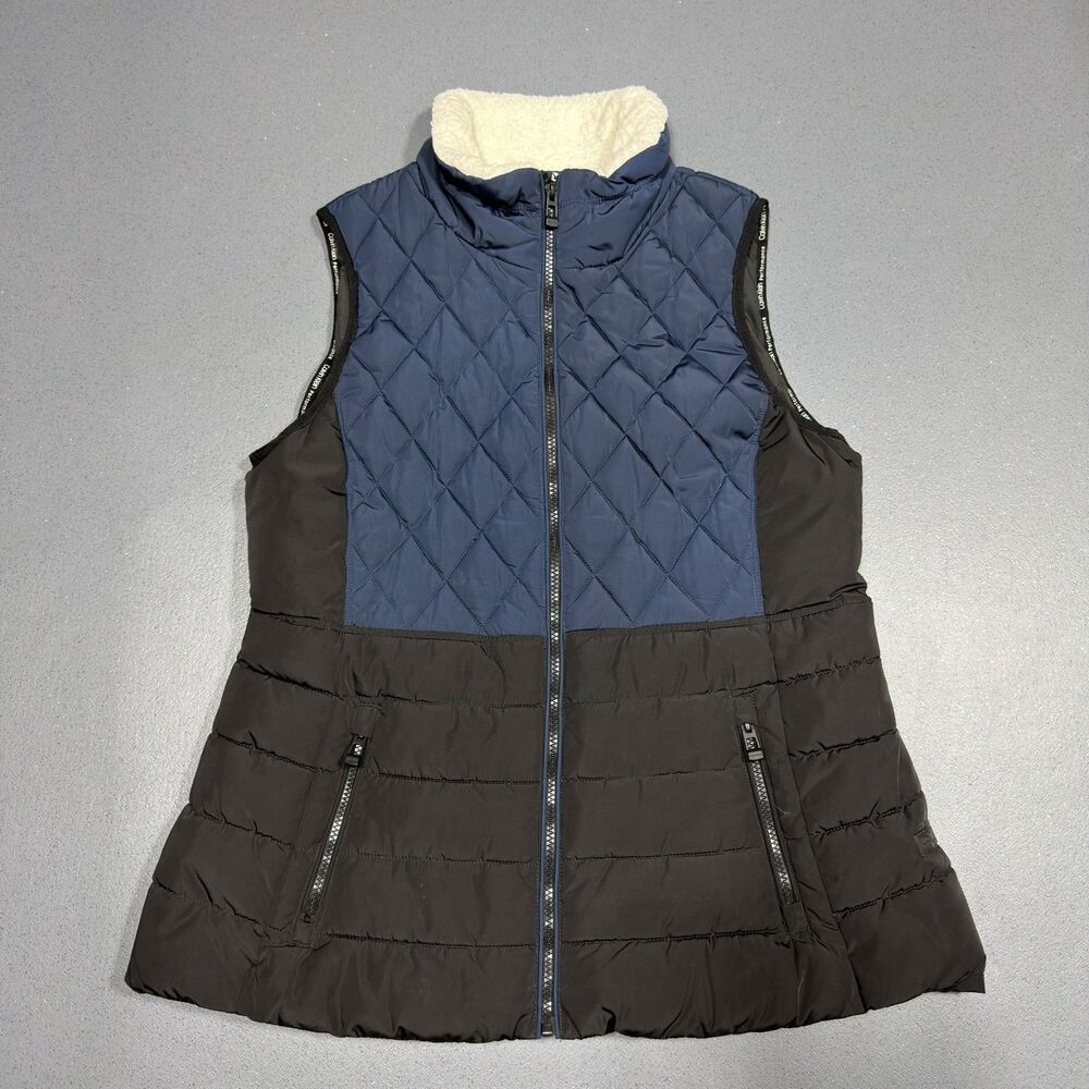 Calvin Klein Performance Vest Womens Large Navy Black Quilted Fleece Lined